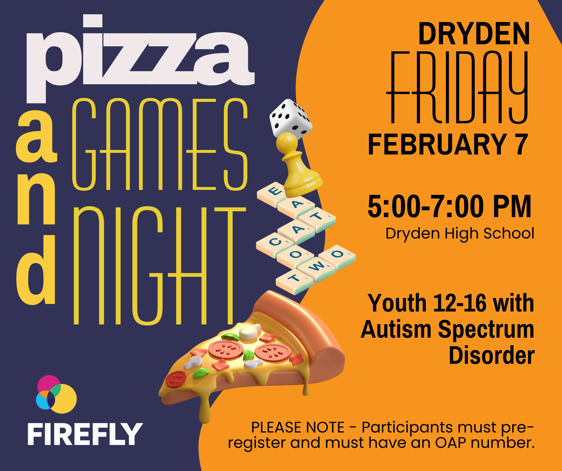 A purple and orange poster shows the details of the ASD Games and Pizza night including a 3D slice of pizza, a game pieces and scrabble letters.