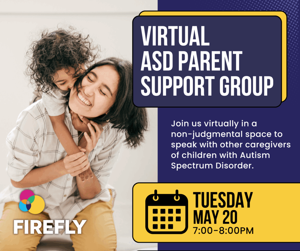 A graphic has the information for the group on the right, while on the left is a photo of a mom smiling as a child reaches over her shoulders and gives her a big hug.