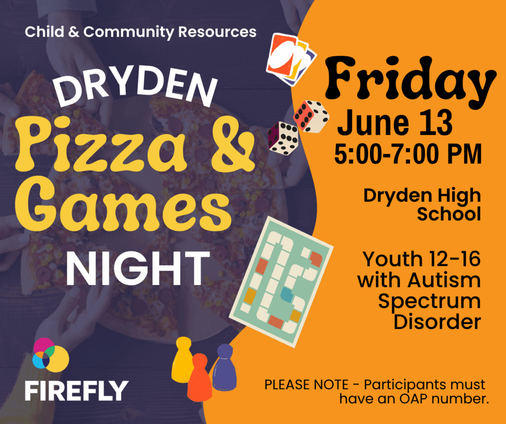 A graphic shows the event information as text on the right side on an orange background, while no the left side is the title Dryden Pizza & games night over top of an image showing a number of hands reaching to take a slice of pizza.
