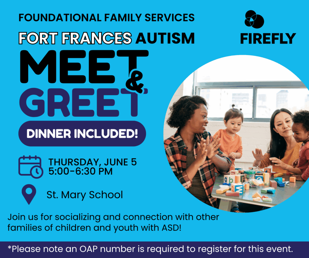 A poster for the Meet and Greet ahs the event information as well as an image of two moms sitting at a table beside two children, everyone is playing with playdough and smiling at eachother.