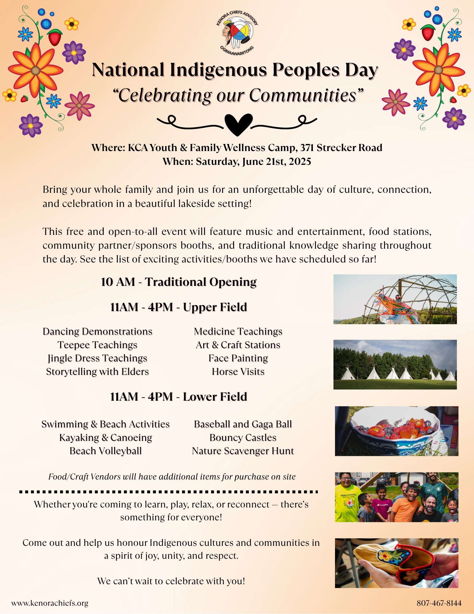 Poster for National Indigenous Peoples Day hosted by Kenora Chiefs Advisory. Features large text “National Indigenous Peoples Day” and four images of a ribbon shawl dancer in front of an unfinished roundhouse, six large tepees set up in a field, a bowl of mixed berries, a group of indigenous youth smiling in front of a soccer net and hands holding an unfinished moccasin. Event details: June 21, 2025, from 11 AM to 4 PM at the KCA Youth and Family Welness Camp, 371 Strecker Road. Dancing, teachings, arts and crafts, baseball, beach volleyball, scavenger hunt, music and food stations.