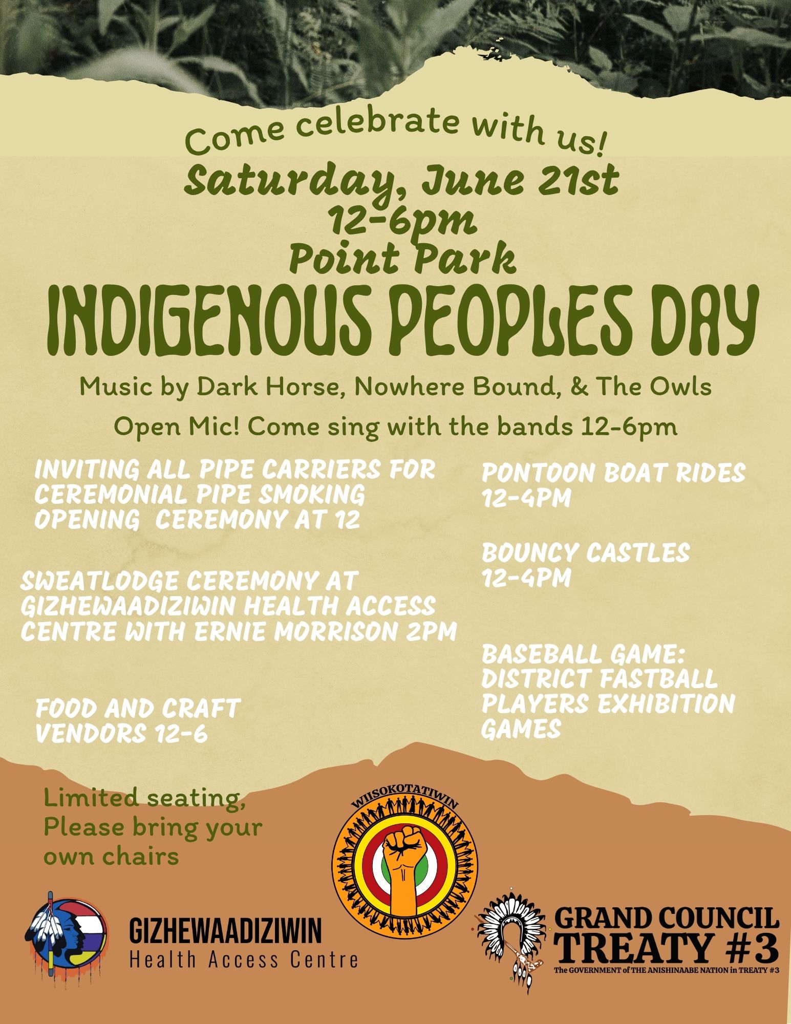 Poster for National Indigenous Peoples Day hosted by Gizhewaadiziwin Health Access Centre. Features large text “Indigenous Peoples Day” and no images. Event details: June 21, 2025, from noon to 6 PM at Point Park. Pontoon Boat Rides, bouncy castles, baseball game, food and craft vendors, and a note that says "limited seating, please bring your own chairs."