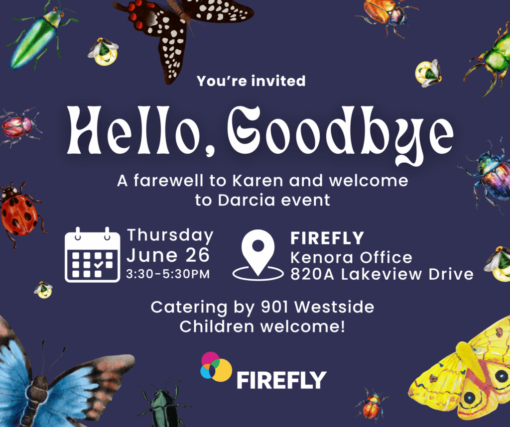 There is a purple background with the words Hello, Goodbye on it with the FIREFLY logo underneath. The wording is rrounded by bugs, from left a bright green beetle, a firefly, a black and red butterfly, a bright orange beetle, another firefly, a bright yellow moth, a dark green beetle, a bright blue butterfly, and one more firefly.