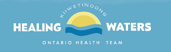 The logo for the Kiiwetinoong Healing Waters Ontario Health Team shoes a yellow sun rising over water in the form of two blue waves.