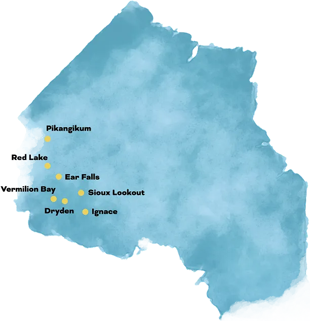 A map of northwestern ONtario is done in blue water colour showing the communities, Pikangikum, Dryden, Red Lake, Ear Falls, Vermilion Bay, Ignace and Sioux Lookout.