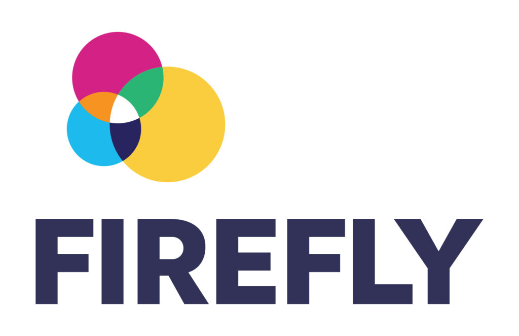 Firefly Logo is three circles in blue, pink and yellow overlapping with the word FIREFLY beside it in purple