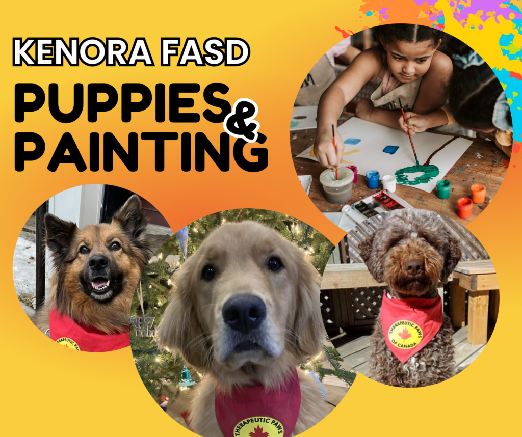 On an orange and yellow background from left, a photo of a dog that has long brown fur, standing up ears and brown eyes next to a photo of a golden retreiver with light gold fur and dark brown eyes and finally a photo of a dark chocolate dog that has curly short hair and dark brown eyes. There is an image of a child with dark skin, dark hair and brown eyes painting in the top right corner.