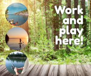 A photo shows a forest in spring full of fresh green leaves in front of a boardwalk. Three images in circles on top of the photo , first shows two kayaks in a bay, second shows a paddleboard at night and third shows a close up of someone holding a fishing rod.