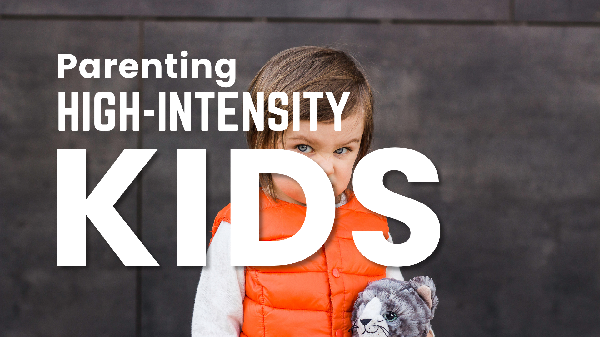 In white text it says Parenting High-Intensity Kids on top of a photo of a small girl who is glaring through the letter D at the person looking. She is wearing a bright orange vest, is light skinned with dark brown hair cut chin height and bright blue eyes.