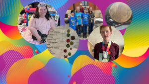 The background is a number of different blobs that are all gradient rainbow colours. Altogether it creates a vibrant groovy vibe. On top are photos from the gallery including a girl playing the ukelele, a sticker chart, a family at the autism flag-raising and a youth wearing medals.