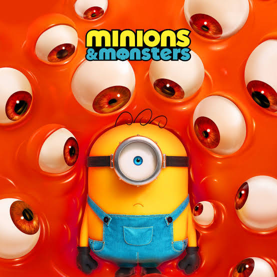 Photo shows a minion in yellow wearing his blue overalls and one eye goggle surrounded by eyeballs in an orange slime.
