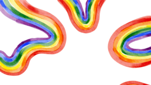 On a plain white background, are some whimsical water colour rainbows that swoop in and out of frame with red, orange, yellow, green, blue and purple.