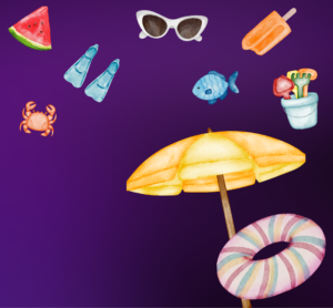 A dark purple background with fun water colour summer images including watermelon, sunglasses, a crab, umbrella, fish and popsicle.
