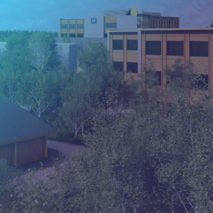 It is an image that shows the rendering of the new Campus of Care in Kenora with the hospital sitting behind a large forested area. There is a see-through blue fading to purple overlay on top of the image.
