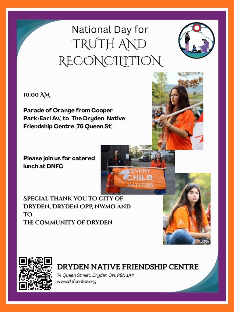 Dryden Friendship Centre Event poster shows photos of people wearing an orange shirt and a QR code. Thanks are shared to sponsors.