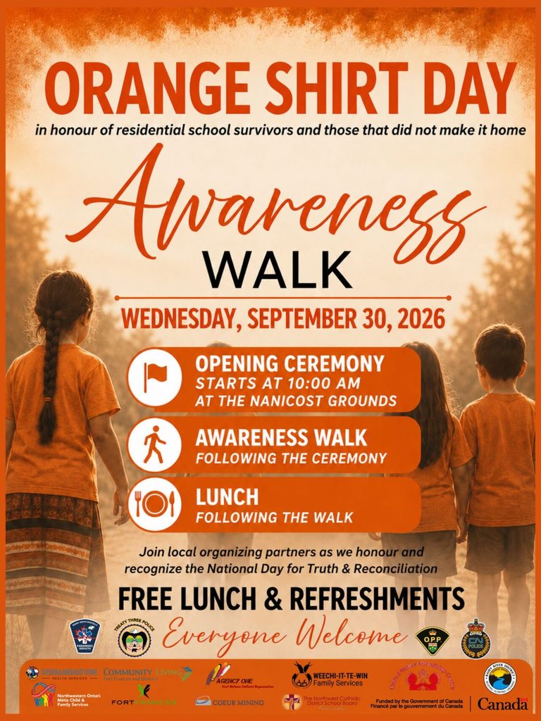 Fort Frances Orange Shirt Day Awareness Walk shows the backs of three children walking into the forest. Event details and Free lunch & refreshments are noted.