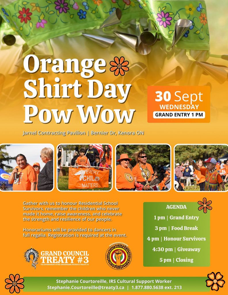 Grand Council Treaty Event Poster showing a ribbon skirt at the top with four photos or people wearing orange shirts participating in events below. Event details are highlighted.