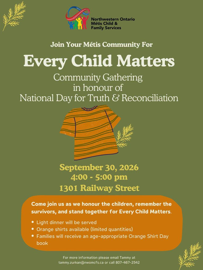 Northwestern Ontario Metis Child & Family Services event poster. An image of an orange t-shirt and event details are provided.
