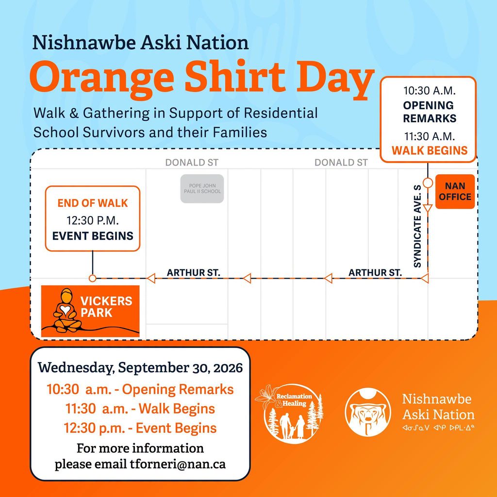 Nishnawbe Aski Nation Thunder Bay Orange Shirt Day Walk & Gathering in Support of Residential School Survivors and their Families event poster shows a map of the walk route and agenda.