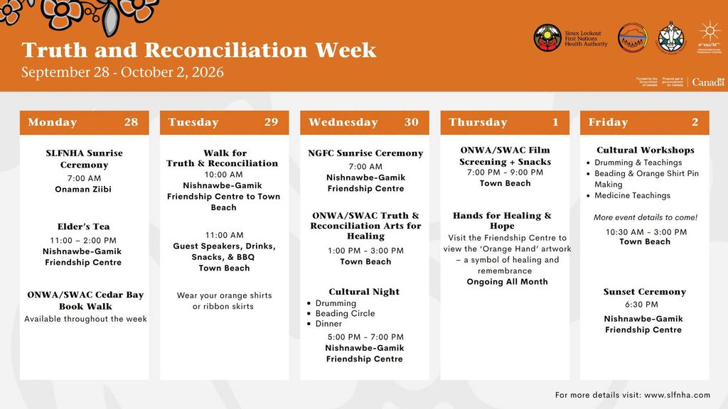 Truth and Reconciliation Week Events in Sioux Lookout
Monday, September 28 to Friday, October 2, 2026 · Various times · Nishnawbe-Gamik Friendship Centre, Town Beach, and Onaman Ziibi
The Sioux Lookout First Nations Health Authority, the Nishnawbe-Gamik Friendship Centre, and ONWA/SWAC host a full week of programming. The Walk for Truth and Reconciliation departs the friendship centre for Town Beach at 10 am on Tuesday, September 29, followed by guest speakers and a barbecue at 11 am. Walkers are encouraged to wear orange shirts or ribbon skirts.