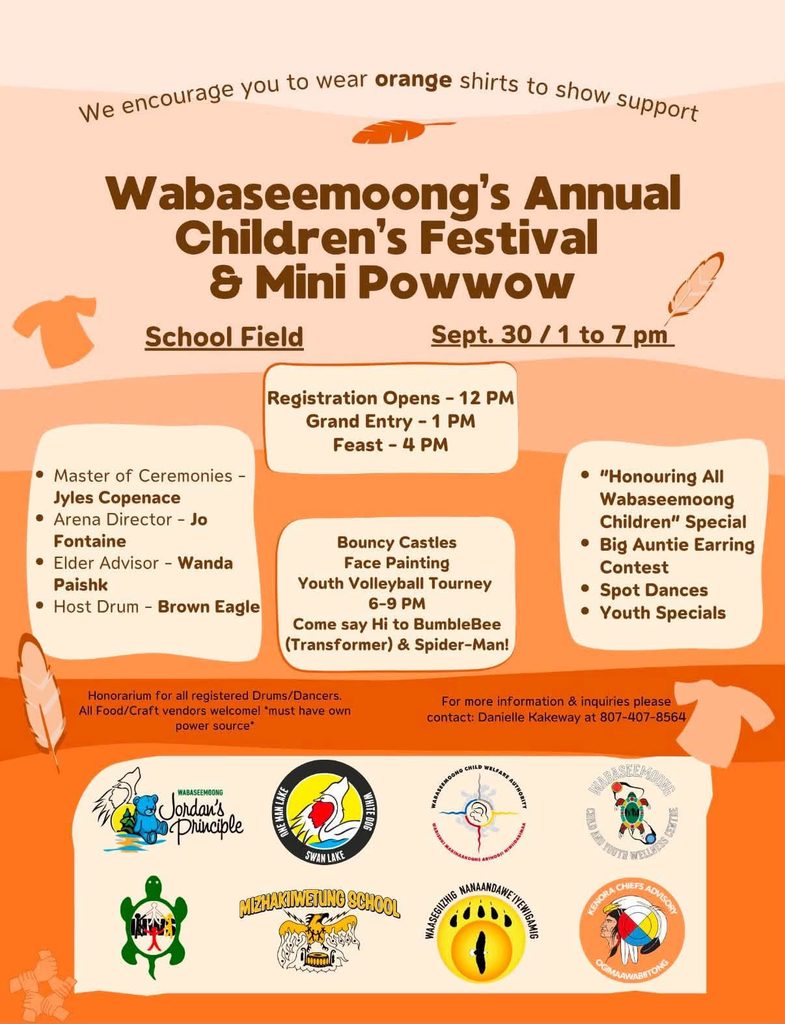 Wabaseemoong Orange Shirt Day Event poster is orange with event details and clip art of orange t-shirts and feathers. Event details and logo sponsors are included.